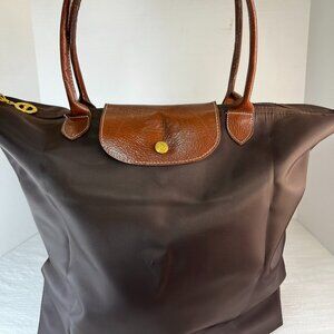 LONGCHAMPS LES PLIAGES SHOPPING BAG BROWN TOTE PURSE Pre-Owned 17" X 14